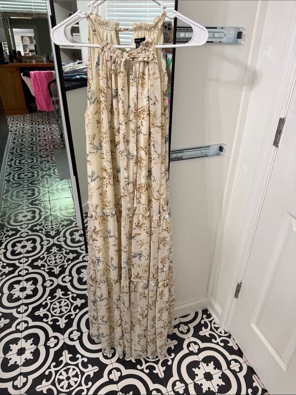 DREW Cream and Brown Floral Tie-Strap Dress